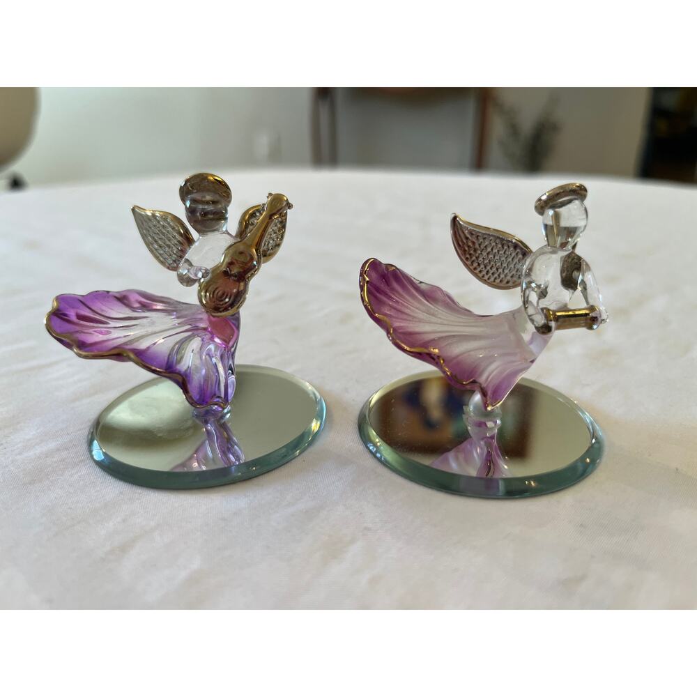 Crystallite Purple Spun Glass Musical Angel‎ Set 22kt Gold Trim Mirror Base Vtg